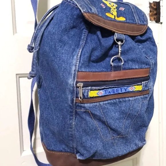 VINTAGE Y2K Jaclyn Looney Tunes Tweety Bird Beaded Denim Jean Big Backpack Bag - Picture 7 of 13
